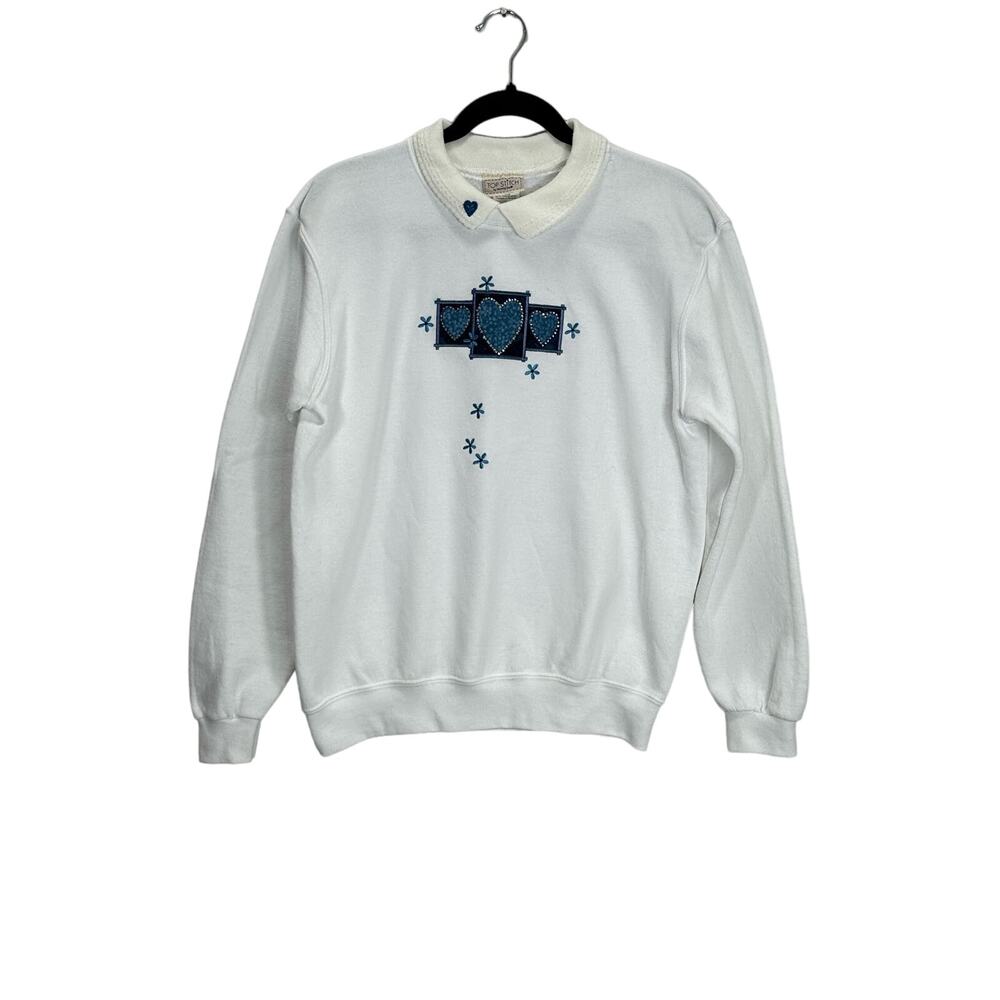 Vintage Top Stitch Women's Heart Floral Embroidered Collared Sweatshirt Medium